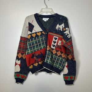 Vintage Sweater Loft‎ Cardigan Sweater Large Scottie Westie Hearts Cottagecore
